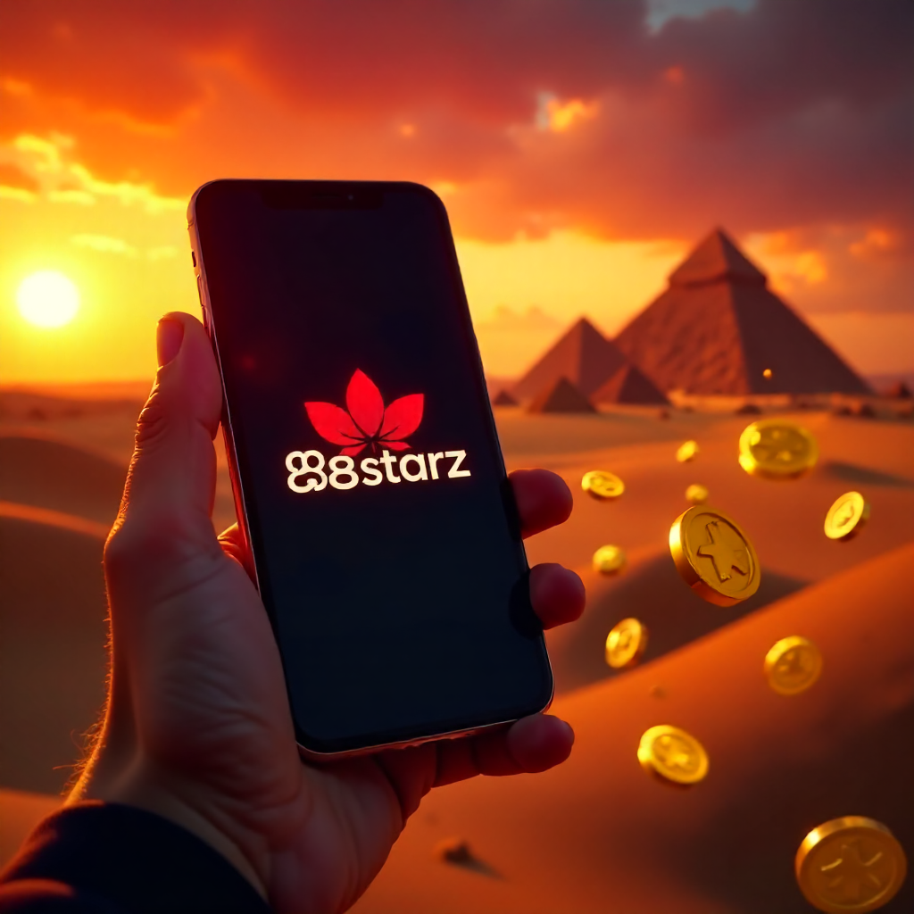 A hand holding a modern smartphone showing the 888starz logo, with the majestic Great Pyramids of Giza and a sunset sky in the background, official red and black branding colors, 3D gold coins and shimmering slot symbols flying out of the screen, hyper-re